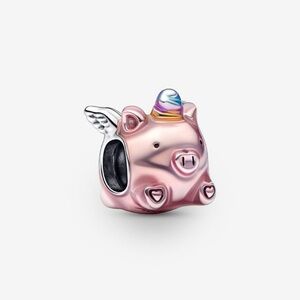 Pandora Flying Unicorn Pink Pig Charm with Rainbow Hat and Silver Wing 925 Charm